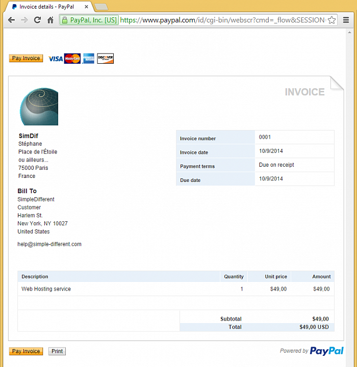 Aquí hay un ejemplo de factura de Paypal en línea, como lo verá su destinatario.